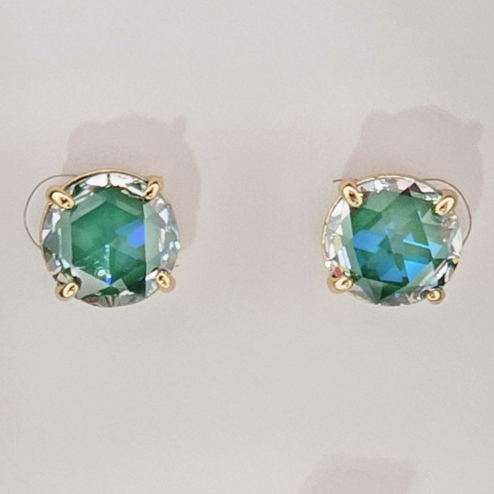 Kate Spade Round Stud Earrings Emerald Color Gold Tone CZ Gift Box Spring Summer